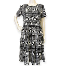 Load image into Gallery viewer, LuLaRoe Aztec Jessie Pocket Dress Black White Southwest Tribal Print
Size: Large 
Brand: LuLaRoe
Material: 96% Polyester 4% Spandex 
Care: Machine Wash 
Condition: Great No Flaws