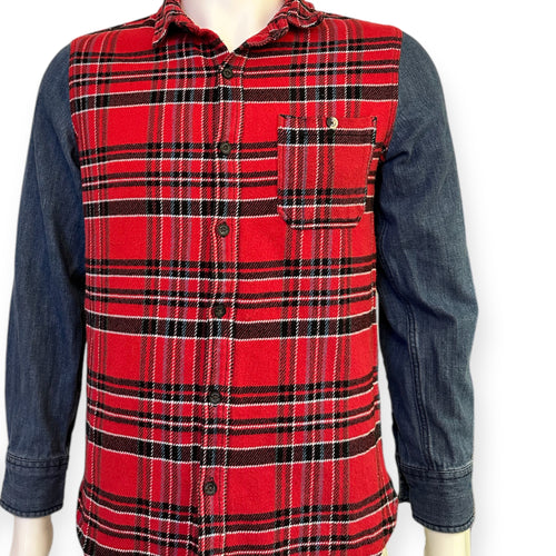 Modern Amusement Mens Red Plaid Flannel Denim Button Up Longsleeve Shirt