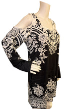 Load image into Gallery viewer, Cold-Shoulder Black &amp; White Floral Shift Dress