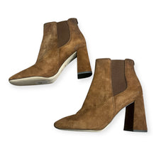 Load image into Gallery viewer, Sam Edelman Suede Stacked Heel Ankle Booties, Camel Brown