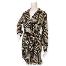 Load image into Gallery viewer, Sincerely Jules Black &amp; Gold Geometric Wrap Dress