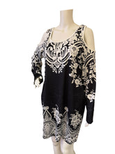 Load image into Gallery viewer, Cold-Shoulder Black &amp; White Floral Shift Dress