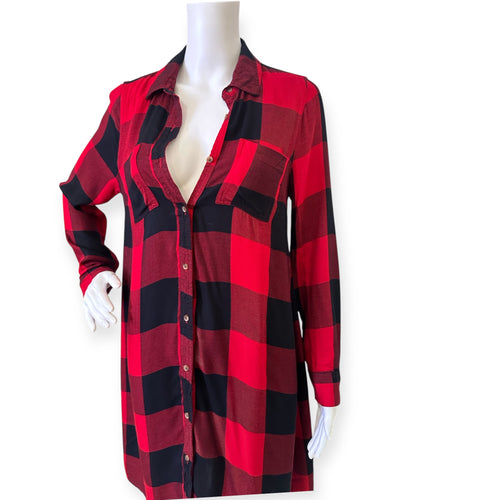 Red and Black Plaid Button-Up Shirt Dress