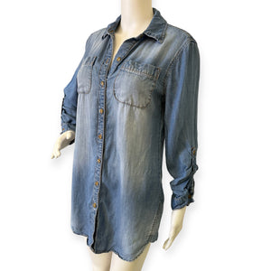 Chico's Chambray Denim Tunic Top Medium Blue
Button Front Long Roll Tab Sleeves