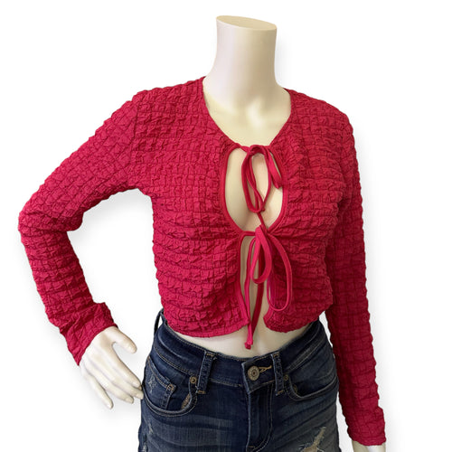 Urban Outfitters Womens Sylvie Tied Front Top Bubble Knit Pink Cropped
