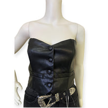 Load image into Gallery viewer, Black Faux Leather Strapless Button Front Bustier Top