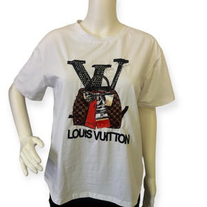 Fashion Bling White T-Shirt with Red and Black Graphic