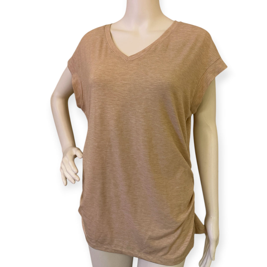 Casual Tan PGANDS Women's V Neck Sleeve Shirts Ruched Dressy Casual Basic Top