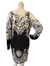 Load image into Gallery viewer, Cold-Shoulder Black &amp; White Floral Shift Dress