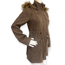 Load image into Gallery viewer, New York &amp; Company Brown Hooded Women's Coat with Faux Fur Trim