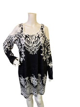 Load image into Gallery viewer, Cold-Shoulder Black &amp; White Floral Shift Dress