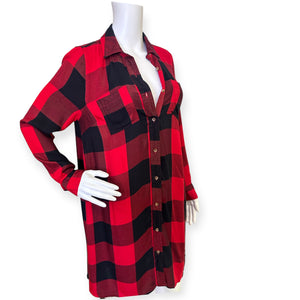 Red and Black Plaid Button-Up Shirt Dress