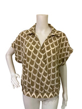 Load image into Gallery viewer, PLEIONE Collared Short Sleeve Faux Wrap Crop Top In Taupe Ivory Water Drop