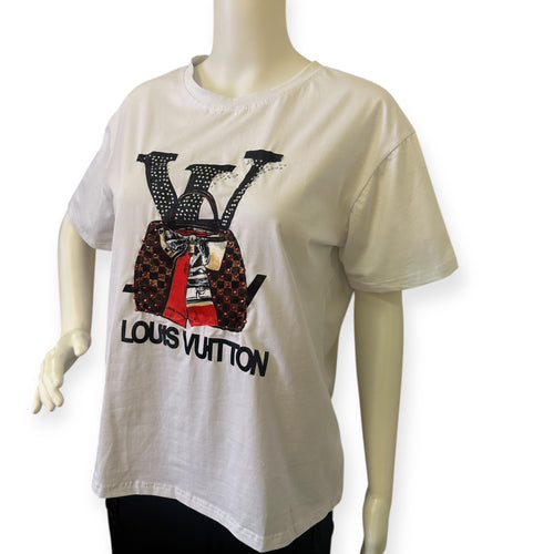 Fashion Bling White T-Shirt with Red and Black Graphic