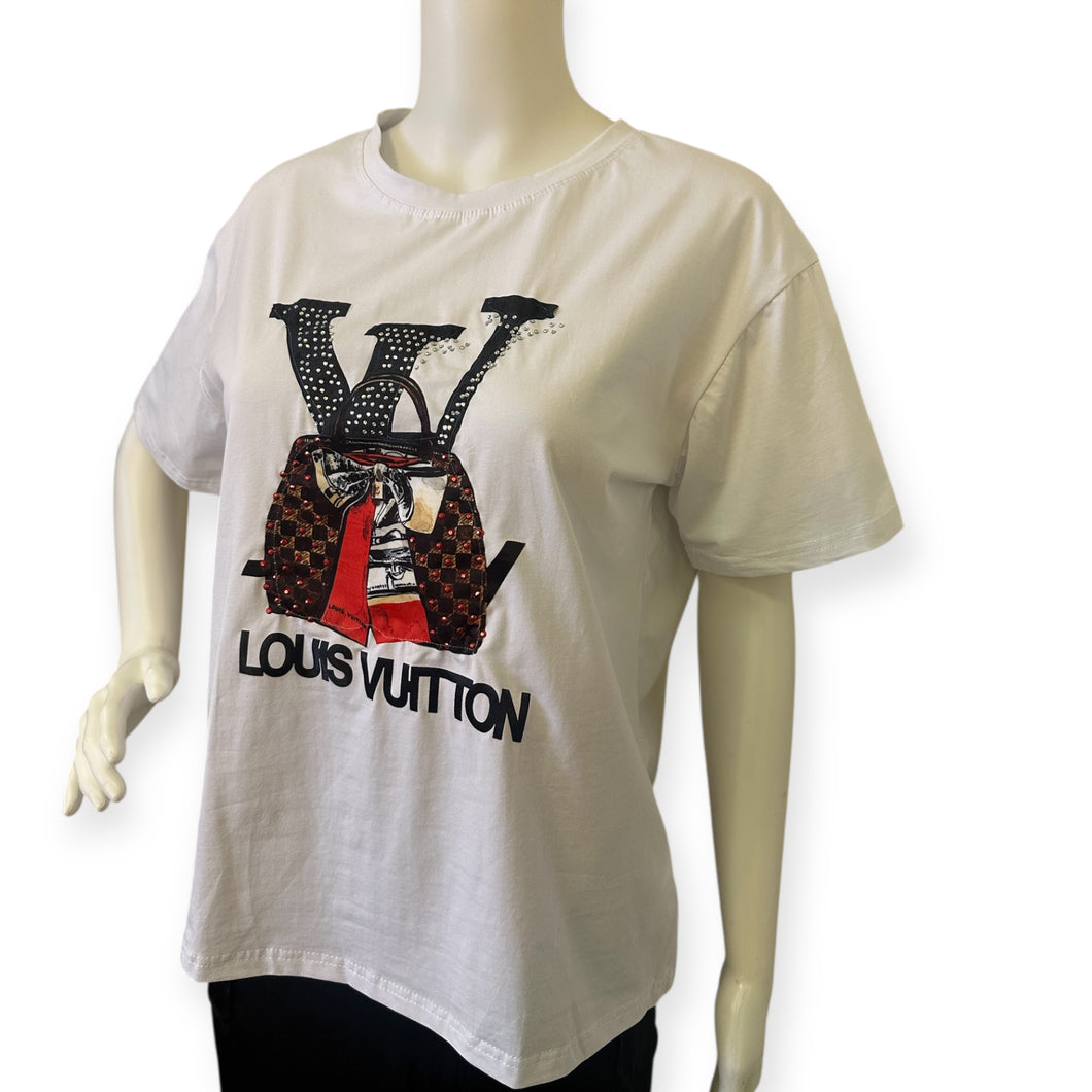 Fashion Bling White T-Shirt with Red and Black Graphic