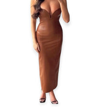 Load image into Gallery viewer, Zara Blogger Strapless Faux Leather Brown Maxi Dress