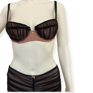 Vintage Moschino Rose & Black Lace Unwire Bra Set with Gilded Gold "Heart" Accent