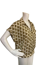 Load image into Gallery viewer, PLEIONE Collared Short Sleeve Faux Wrap Crop Top In Taupe Ivory Water Drop