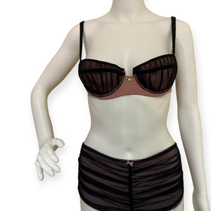 Vintage Moschino Rose & Black Lace Unwire Bra Set with Gilded Gold "Heart" Accent
