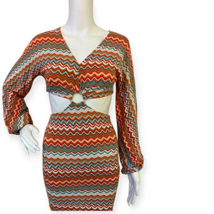 Chiquease Chevron Print Ring Linked Cut Out Bodycon Dress