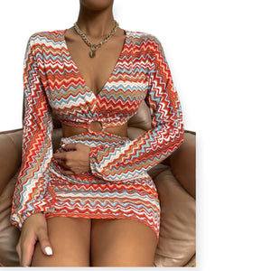 Chiquease Chevron Print Ring Linked Cut Out Bodycon Dress