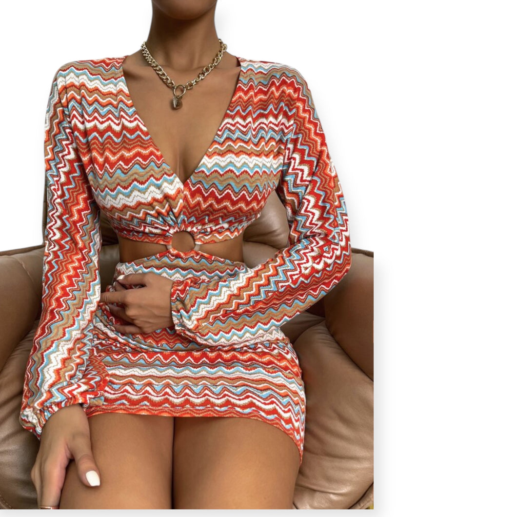 Chiquease Chevron Print Ring Linked Cut Out Bodycon Dress