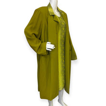 Load image into Gallery viewer, Vintage Snake Print Olive Green Two-Piece Dress &amp; Long Coat Set