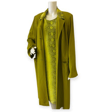 Load image into Gallery viewer, Vintage Snake Print Olive Green Two-Piece Dress &amp; Long Coat Set