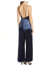 Load image into Gallery viewer, Navy Lace Trim Satin Jumpsuit