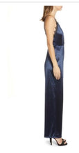 Load image into Gallery viewer, Navy Lace Trim Satin Jumpsuit