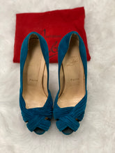 Load image into Gallery viewer, Christian Louboutin Blue Suede Criss Cross Strap Peep Toe Platform Pumps