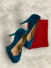 Load image into Gallery viewer, Christian Louboutin Blue Suede Criss Cross Strap Peep Toe Platform Pumps