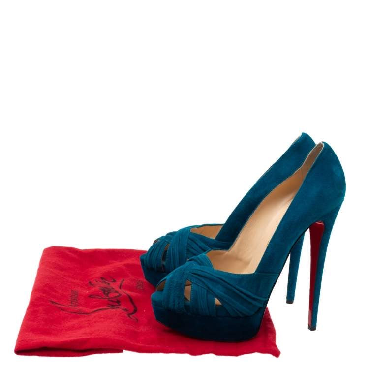 Christian Louboutin Blue Suede Criss Cross Strap Peep Toe Platform
